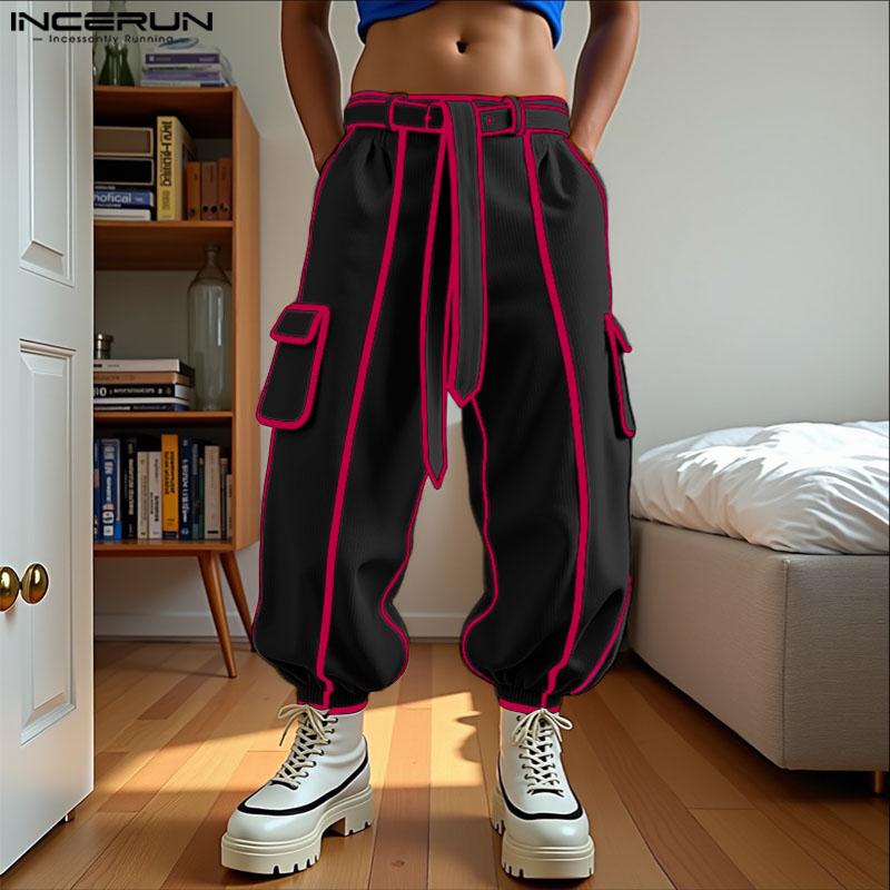 INCERUN Men Elastic Waist Hit Color Belt Casual Thin Harem Pants with Pockets