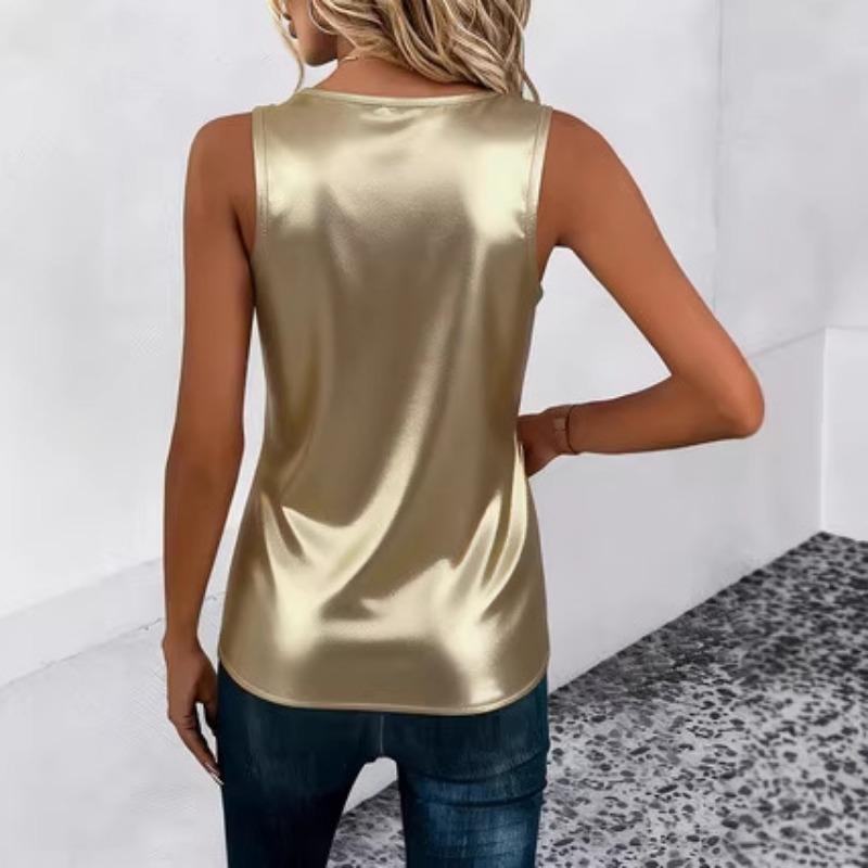 Women Gold Metallic V Neck Criss Cross Sleeveless Casual Tank Top