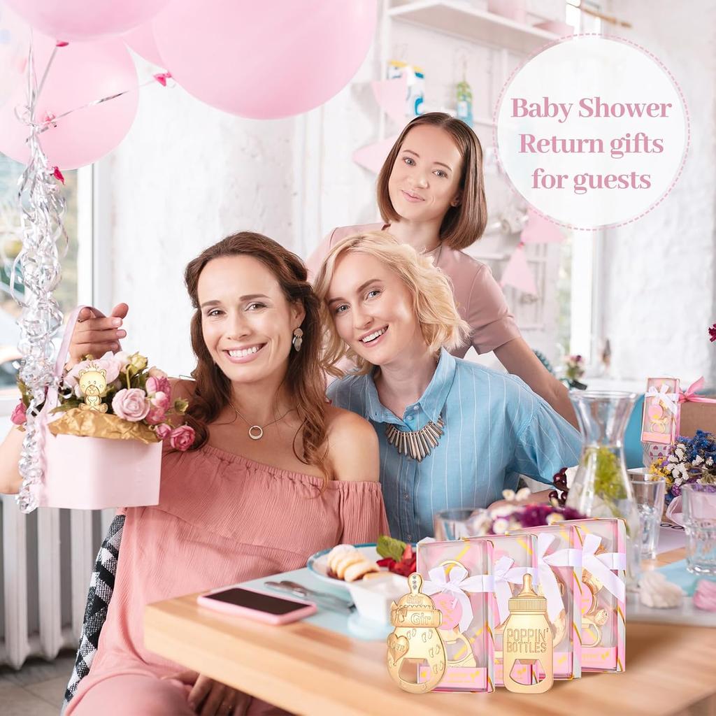 24 Pcs Baby Bottle Opener, Popping Girl Bear Footprint Keychain Bottle Openers with Pink Gift Box, Baby Shower Party Favors for Guests, Wedding