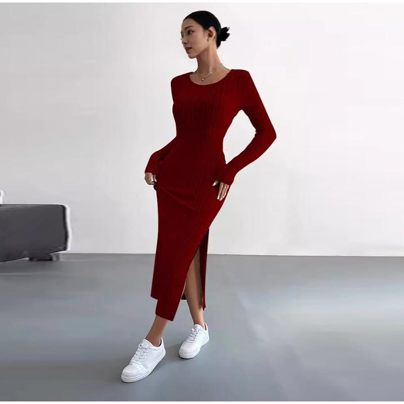 New Women Spring Autumn Casual Dress Solid Color Knitted Dress Sexy Slim Elegant Retro Dresses Long Sleeve Round Neck Side Slit Dress