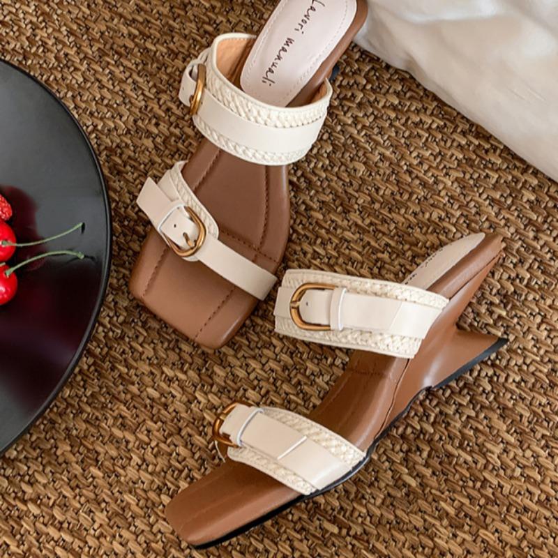 Fashion Square Toe Women Slippers Weave Sandals Loafers High Heels Shoes Woman 2025 Trend Summer Beach Casual Pumps Shallow Slides Mujer