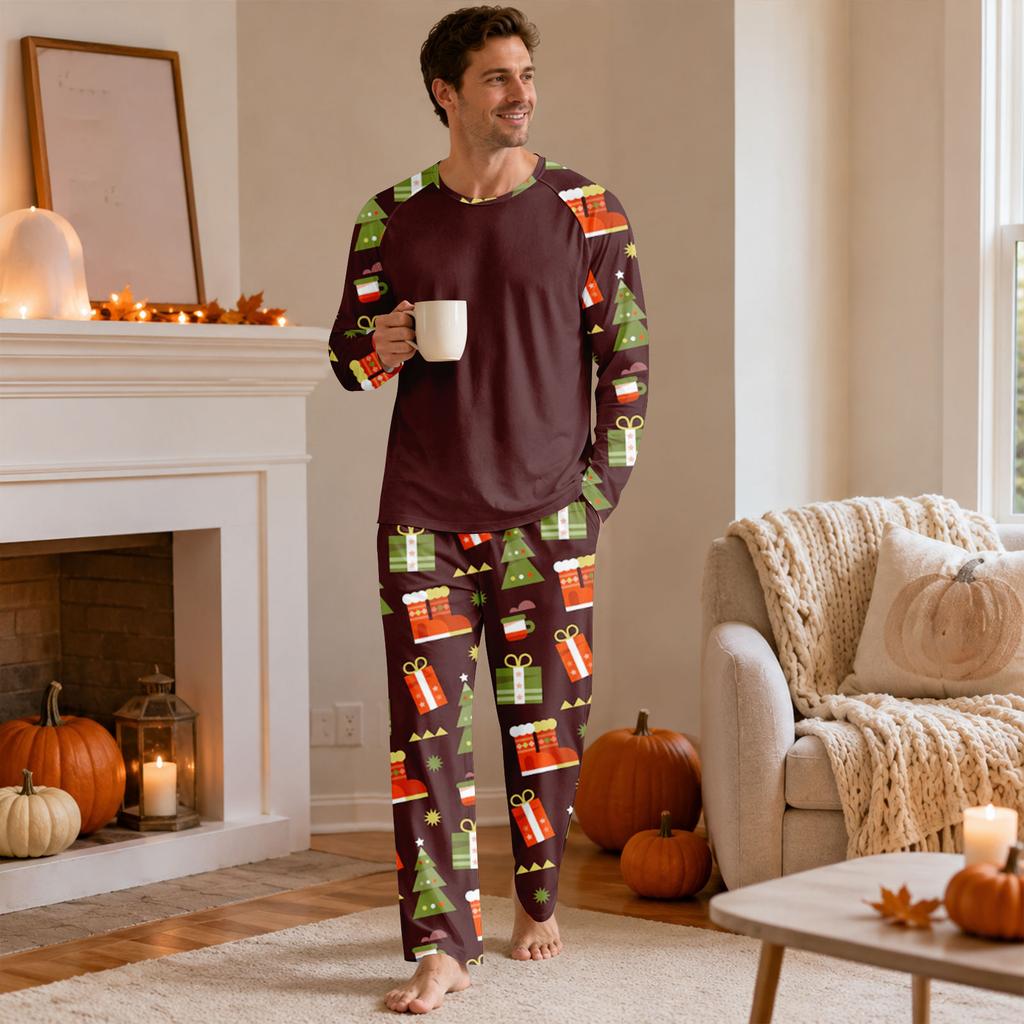 Erkek Yılbaşı -Bisiklet Yaka Uzun Kollu Üst ve Pantolon Pijama Takımı Günlük ve Rahat
