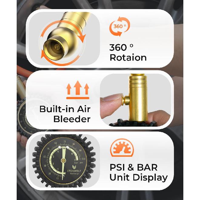 ETENWOLF Tire Pressure Gauge 0-100 PSI, ANSI B40.1 Grade A Accurate Tire Gauges For Tire Pressure With Large Glow Dial, Air Pressure Gauge For Tires,