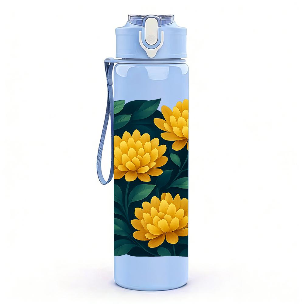 1PC Yellow Chrysanthemum Dark Leaf 750ml Color Plastic Sports Water Bottle Leakproof Flip Straw Lid Suitable for Sports Office Home Use