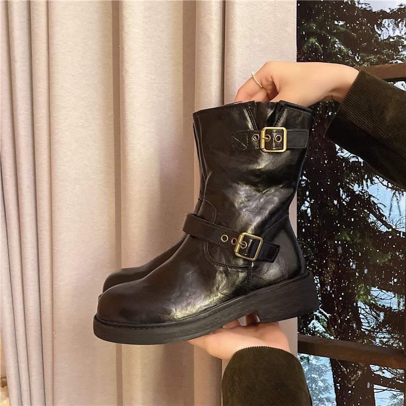 British Style Belt Buckle Martin Boots Women's 2025 Autumn New Flat Bottom Fashion Versatile Round Head Short Boots Black