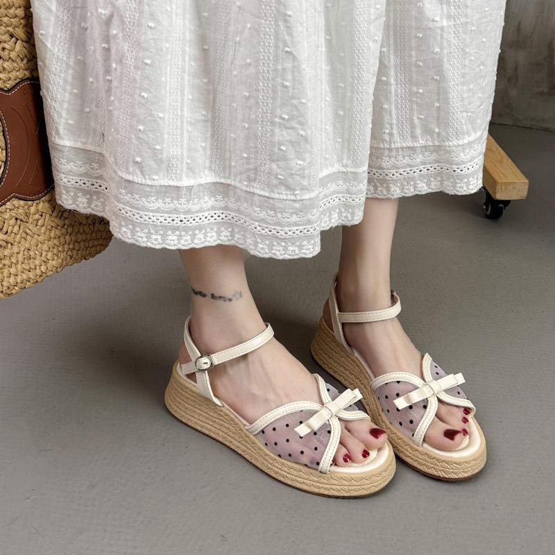 2025 summer new bow mesh polka dot stiletto with skirt beautiful fashion sandals women's wedge heel sandals