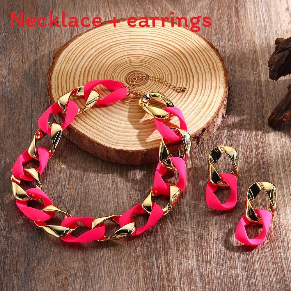 Fluorescent Resin Female Necklace And Earrings Jewelry Set With Electroplated Finish Autumn For
