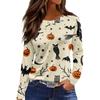 Women's Halloween Print Long Sleeve Top with Round Neck and Hem Slit
