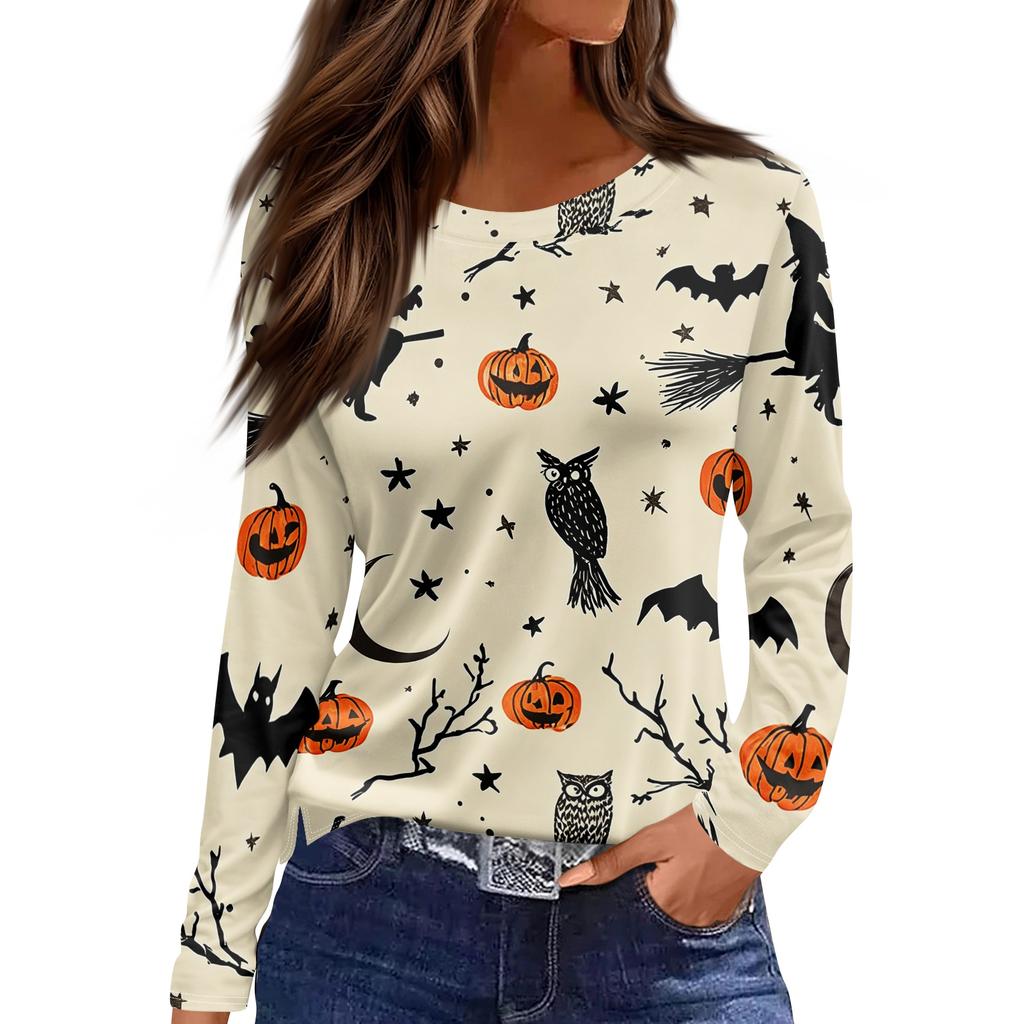 Women's Halloween Print Long Sleeve Top with Round Neck and Hem Slit