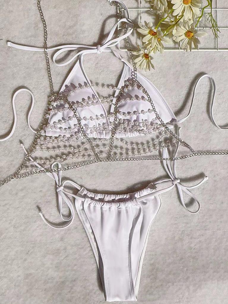 New Pearl Chain Neck Strap Bikini Sexy Swimsuit White Women'S Swimsuit Premium