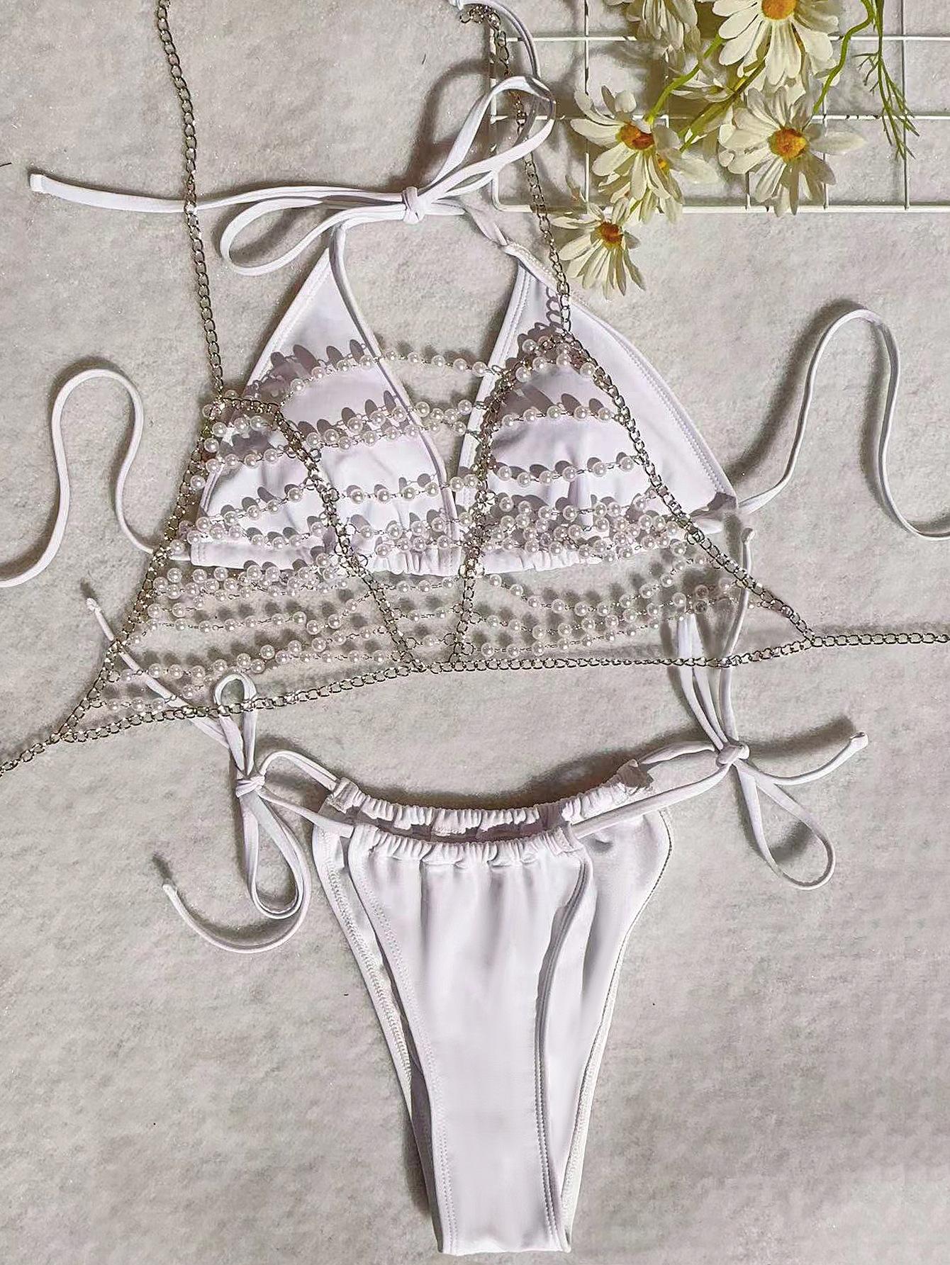 New Pearl Chain Neck Strap Bikini Sexy Swimsuit White Women S Swimsuit Premium S
