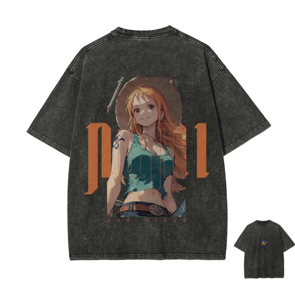 New ONE PIECE Nami Print Retro Washed Shortsleeved Beach Casual Style Harajuku Street Tshirt Summer Mens and Womens Y2k Top