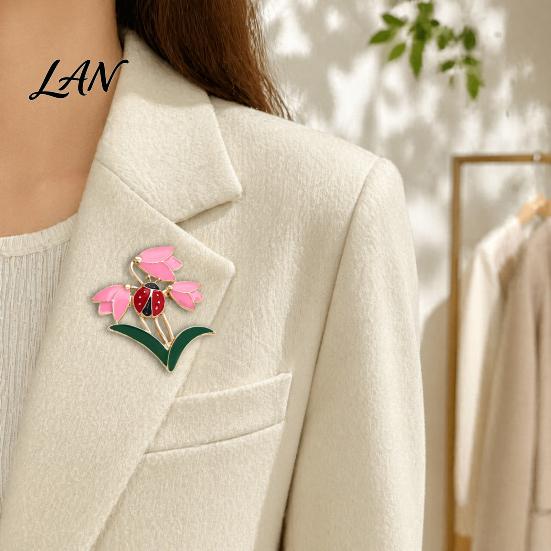 Strong Buckle Brooch Enamel Tulip Ladybug for Women, Oil-Dripping Flower Ladybird Lapel Pin, Sweater Cardigan Coat Suit Scarf Jewelry Accessories