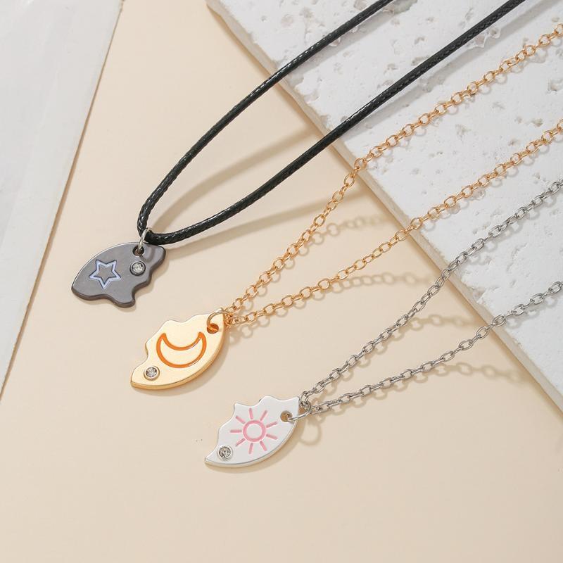 Sun Moon Stars Puzzle Necklace Set 3 Pcs Rhinestone Inlaid Trendy Jewelry for Casual Wear Party BFF Couple Gift