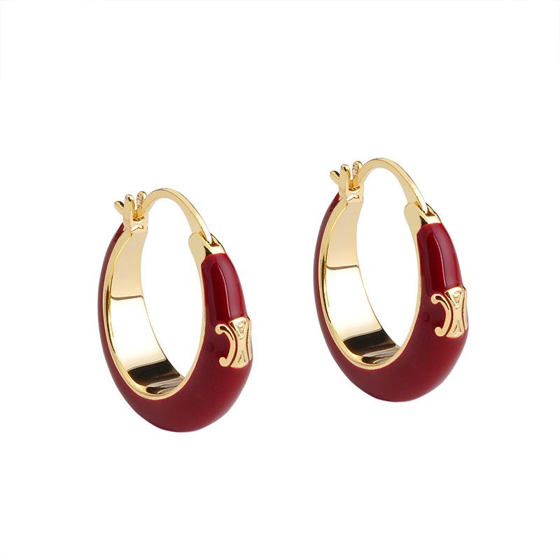 Arc de Triomphe Stud Earrings, Red Enamel Drop, Round Huggie Earrings, Fashion Statement Jewelry