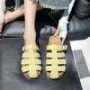 Fashion 2025 Women's Baotou Slippers Summer New Round Toe Cutout Woven Metal Buckle Strap Anti-slip Wear-resistant Flats