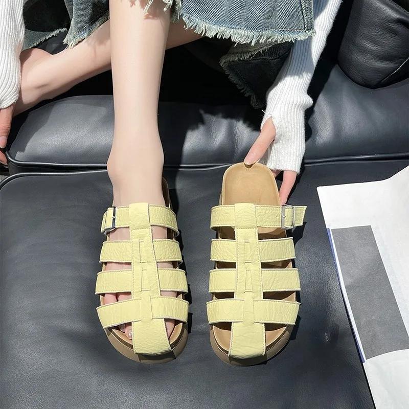 Fashion 2025 Women's Baotou Slippers Summer New Round Toe Cutout Woven Metal Buckle Strap Anti-slip Wear-resistant Flats