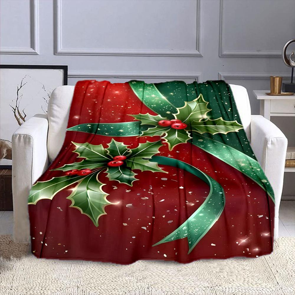 Holiday Holly and Festive Green Ribbon Patterned flannel blanket perfect for the bedroom living room, sofa, or a little nap