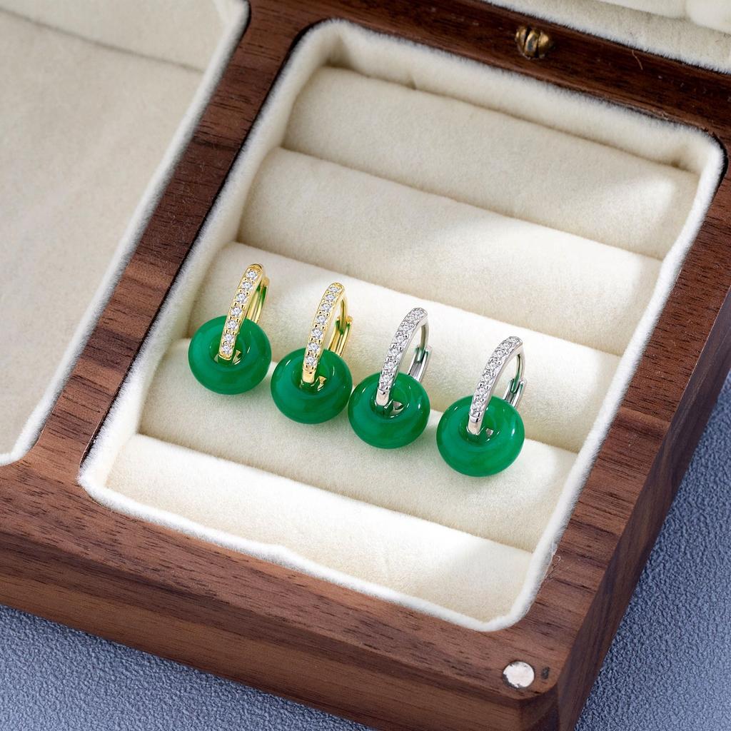 Yang Mi Green Chalcedony Earrings Guofeng Premium Donut Earrings S925 Sterling Silver Safety Buckle Earrings