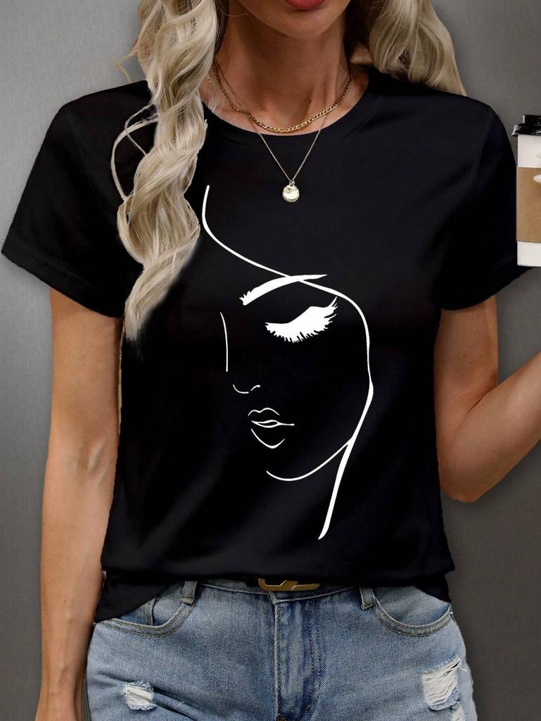 Women's Simple Line Graphics T-Shirts Casual Short Sleeves O-Neck Tops Loose Comfortable Tees Oversize Clothes Woman's Clothing
