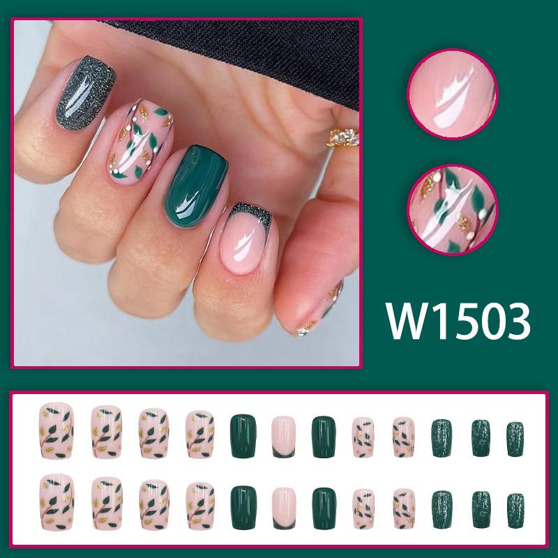 Trendy Green Glitter French Nail Tips with Gold Foil