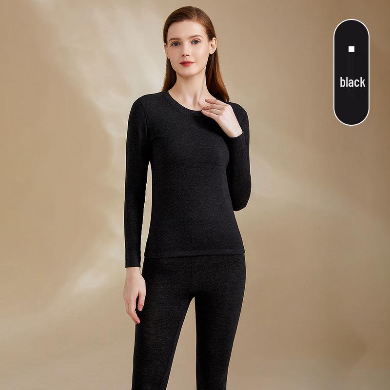 Cashmere Silk Round Neck Edged Antibacterial Fleece-Lined Women's Autumn Undershirt & Pants Set - Warm & Skin-Beautifying.