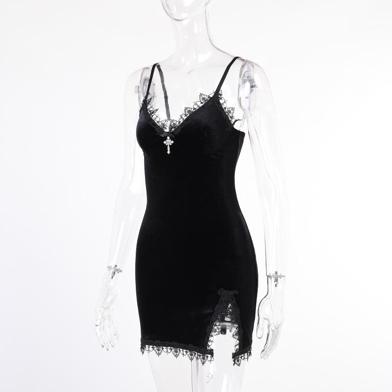 Goth Dress Dark Cross Black Mini Dress Vintage Sexy Spaghetti Strap High Waist Slit Dresses Goth Party Club Women Dress