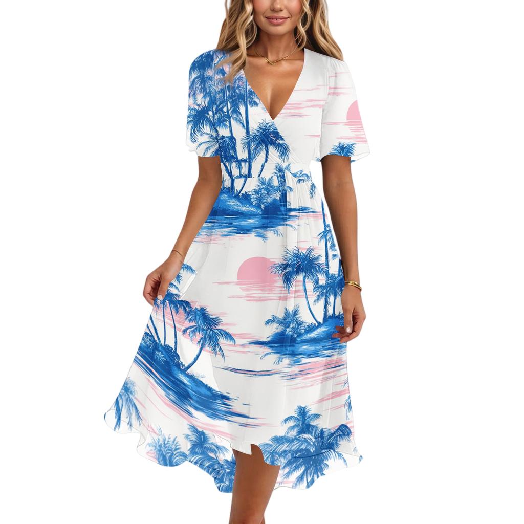 Women's Fashion Casual V Neck Short Sleeve Ruffled Vintage Printed Dresses