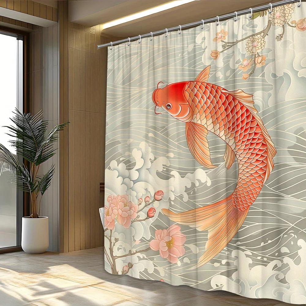 1 Piece Red Orange Koi and Sakura Shower Curtain-Flowing White Waves and Pink Flower Pattern, Polyester Fabric, Machine Washable