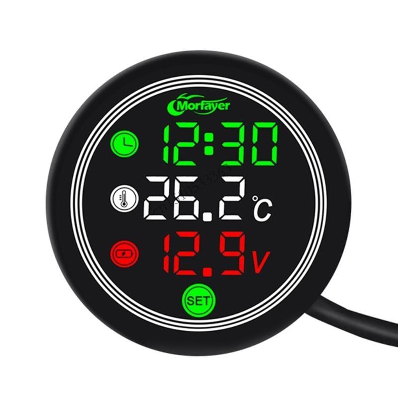 

090E Motorcycle Accessory 4-in-1 Timer Time Thermometer Voltmeter LED Digital Display