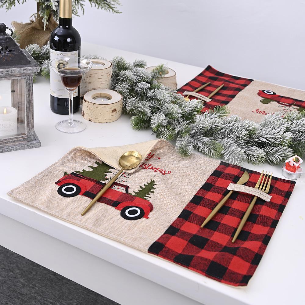 Christmas Home Decoration Magenta Black Check Table Mat Cartoon Tablecloth Table Mat Home Table Dress Knife and Fork Mat
