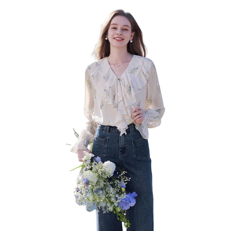 Xiangying Women s French Floral Chiffon Blouse S