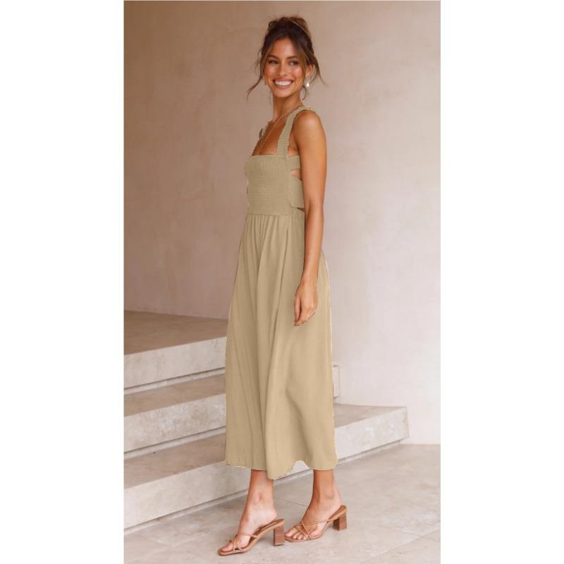 VEZFAA Women's Fashion Summer Spring Solid Color Print Sleeveless Suspenders High Waist Casual Dresses