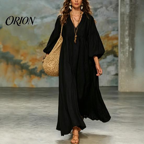 Comfortable Women Dress Women's Deep V Neck Maxi Dress, Puff 3/4 Sleeve Elegant Casual A-Line Flowy Loose Boho Beach Sundress Versatile