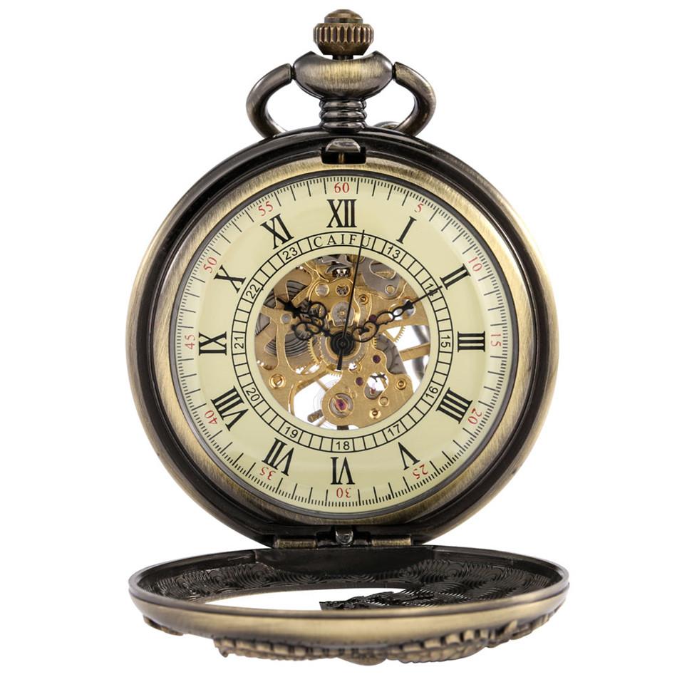 Bronze Hollow Dragon Display Half Hunter Mechanical Pocket Watch Cool Antique Pendant Manual Mechanism Pocket Clock Gift Male