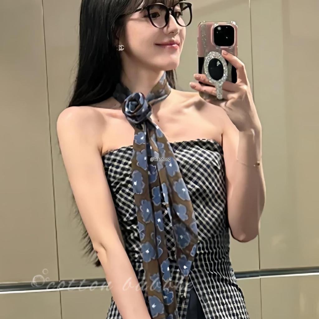 Korean Blue-Brown Floral Silk Tie-Neck Scarf