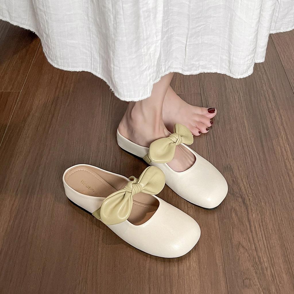 Inwardly Height-increasing Toe Cap Shoes Half-slippers for Women One-legged French Bow Sandals