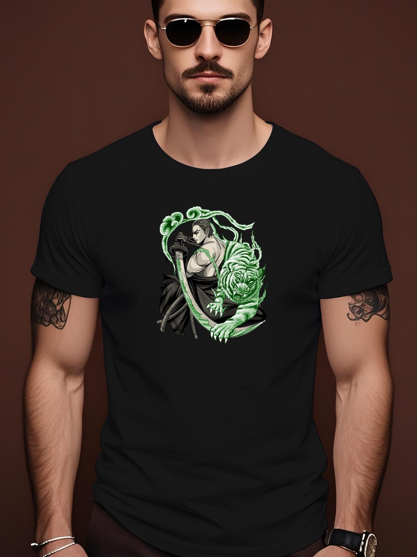 Samurai Tiger Graphic Tshirt - Black Casual Summer Tee wi... XXL
