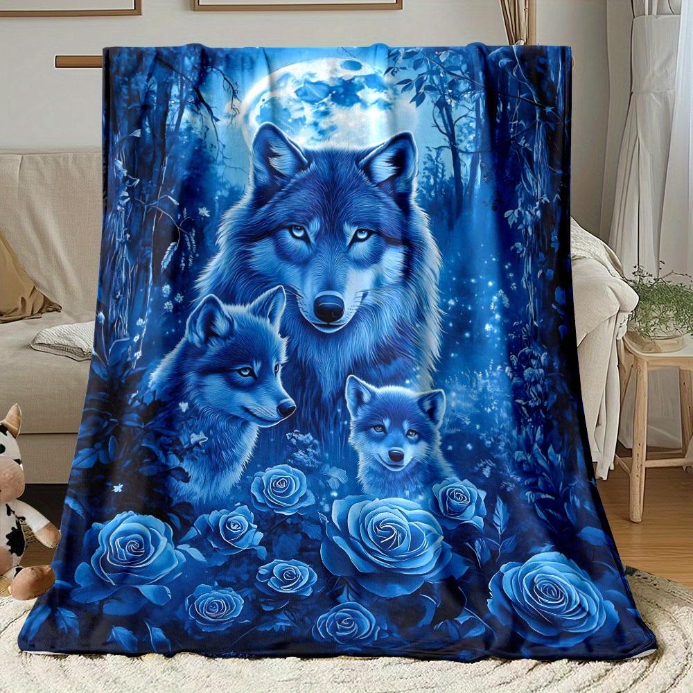 Wolves in Blue-Toned Forest Flannel Throw Blanket - Lightweight Portable All-Season Soft Warm Digital Print with 3 Wolves, Blue