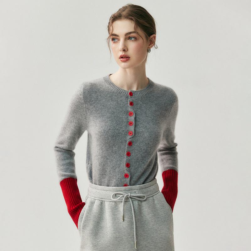 French Color Block Women's Cashmere Cardigan: Loose Fit, Slimming, Round Neck, Ribbed Cuffs, Coco Style Sweater.