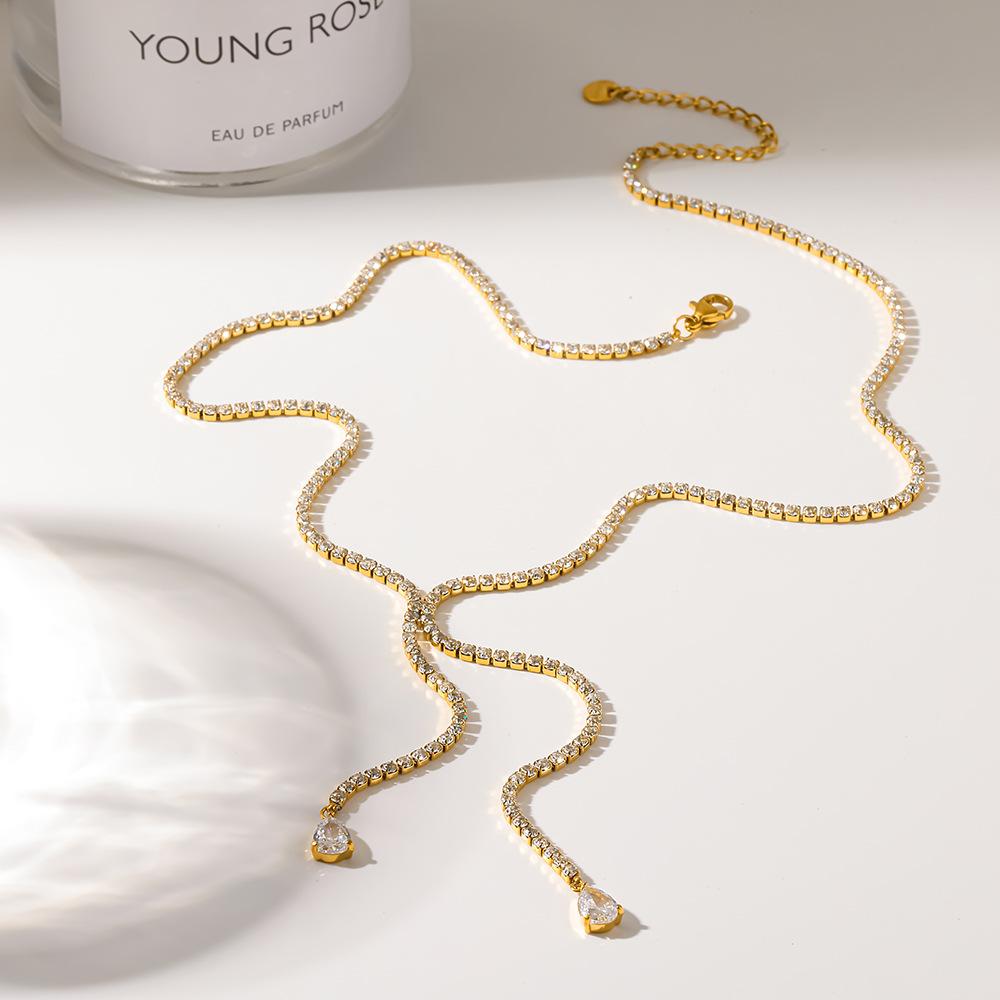 European and American plated 18K gold water drop zircon fringed pendant tennis chain stainless steel jewelry niche design necklace