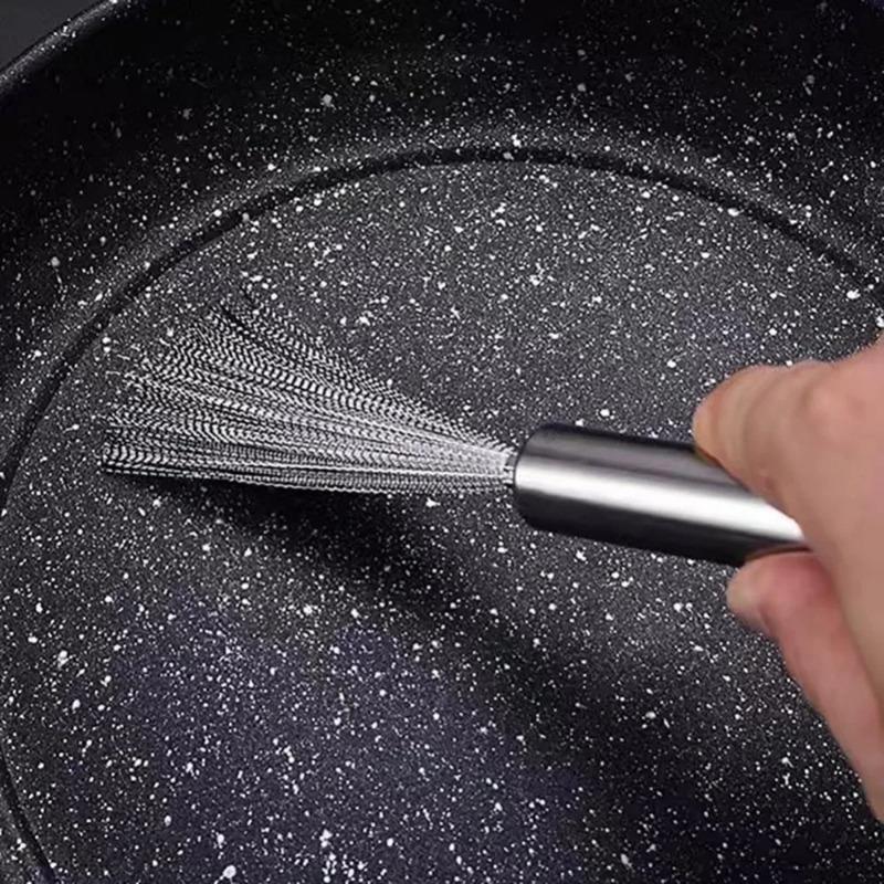 Long Handle Stainless Steel Pan Brush, Strong Decontamination Kitchen Cleaning Tool for Bowl, Plate, Sink & Stove Top