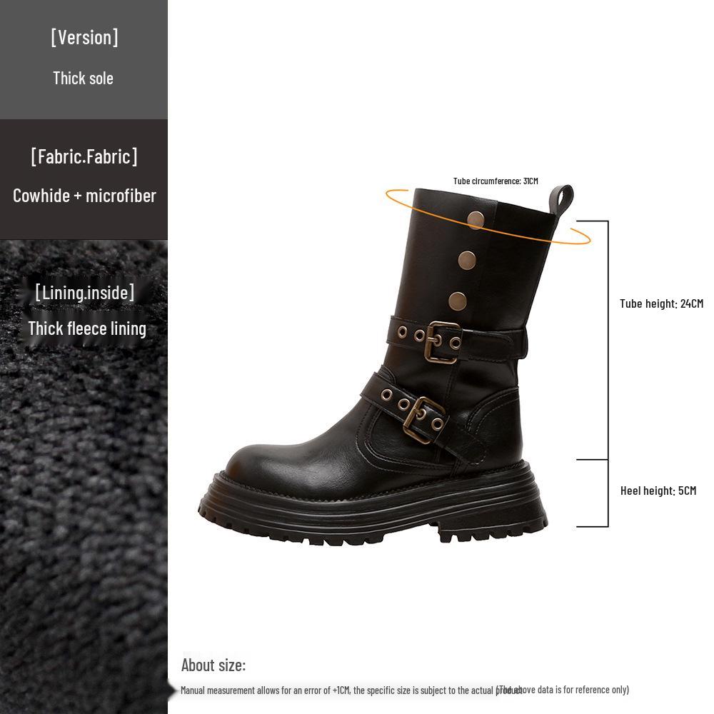 Genuine Leather Fold-over Melaude Martin Women's Height-increasing Mid-calf Boots 2025