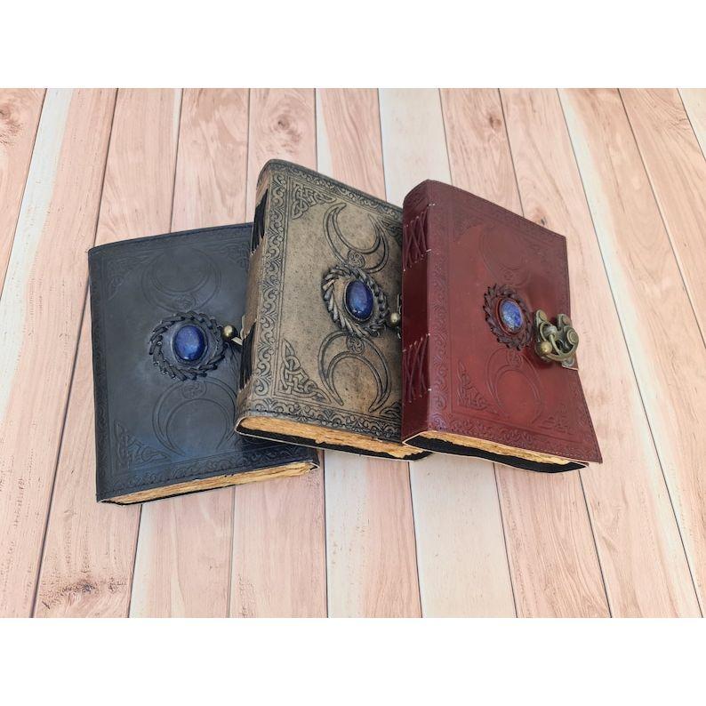 Pack Of 3 book of shadows, Leather Journal, Triple Moon journal, Third Eye Crystal Stone, gift for him, gift for her, Leather Grimoire