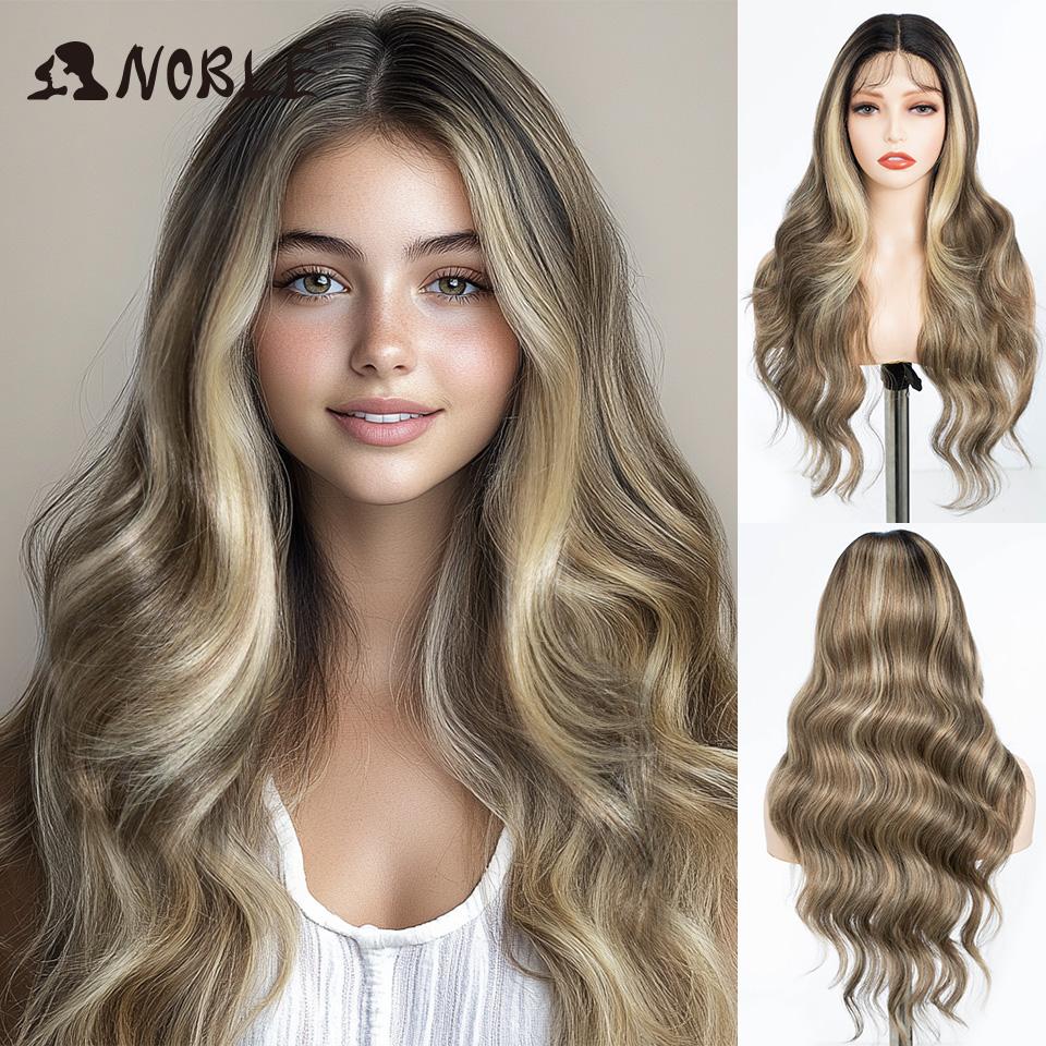 Noble Synthetic Lace Front Wig 28“ Highlight Honey Brown Body Wave Wig Cosplay Wigs For Women Wig Lace Front Wig Synthetic