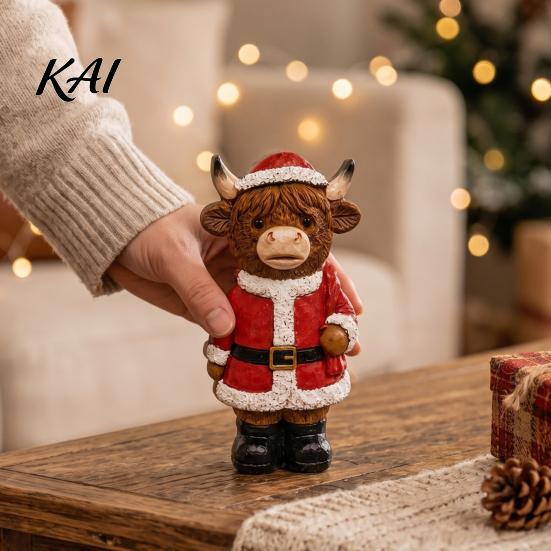 Rustic Farmhouse Christmas Accents 2 Pcs Highland Cow Table Sign, Wooden Santa/ Nutcracker Soldier Decorations Block 2D Flat Holiday Tabletop Ornament