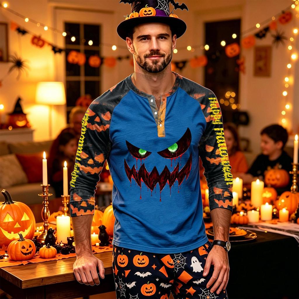 Men's Long Sleeve Shirt with Halloween Print Pattern for Casual Wear