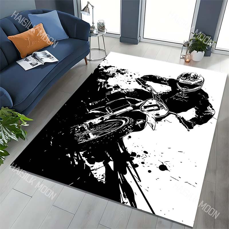 1PC Black and white motocross cornering Print Carpet for Living Room Bedroom Sofa Home Decor Rus Non-slip Floor Mat Luxury Gift