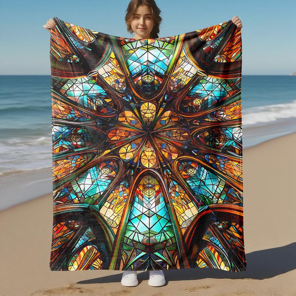 1PC Stained Glass KaleidoscopeOutdoor Flannel Blanket - Soft Plush Decor for Picnics, camping, Bedroom, Playroom, Office, or Lunch Break 1310A