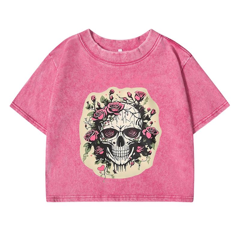 

Женская футболка с коротким рукавом с принтом головы черепа и цветов, дышащая, мягкая, топы, модная повседневная футболка, одежда с эффектом потертости M